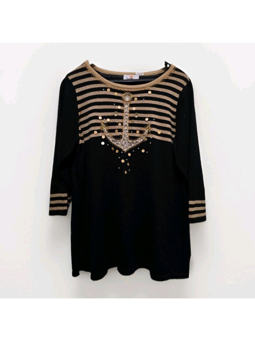 The Quaker Factory Black Metallic Gold Pullover Lightweight Nautical Sweater Med